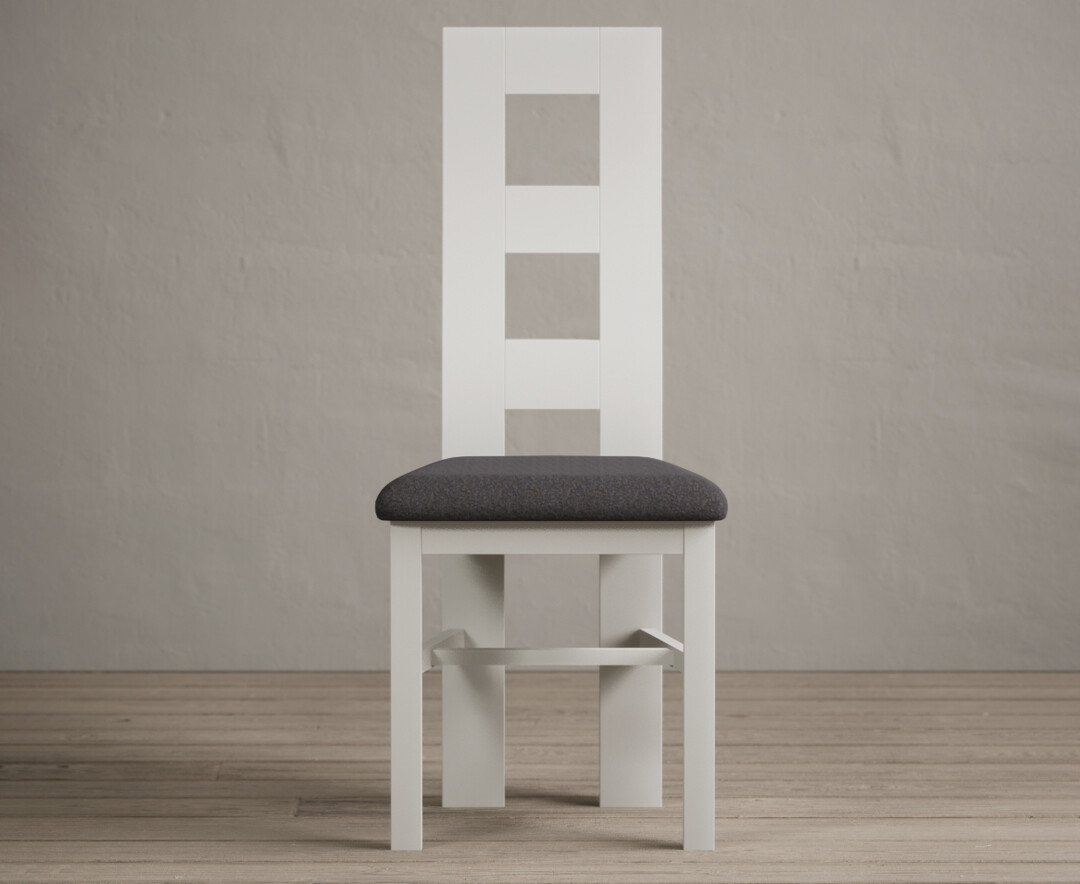 Painted Signal White Flow Back Dining Chairs With Charcoal Grey Fabric Seat Pad