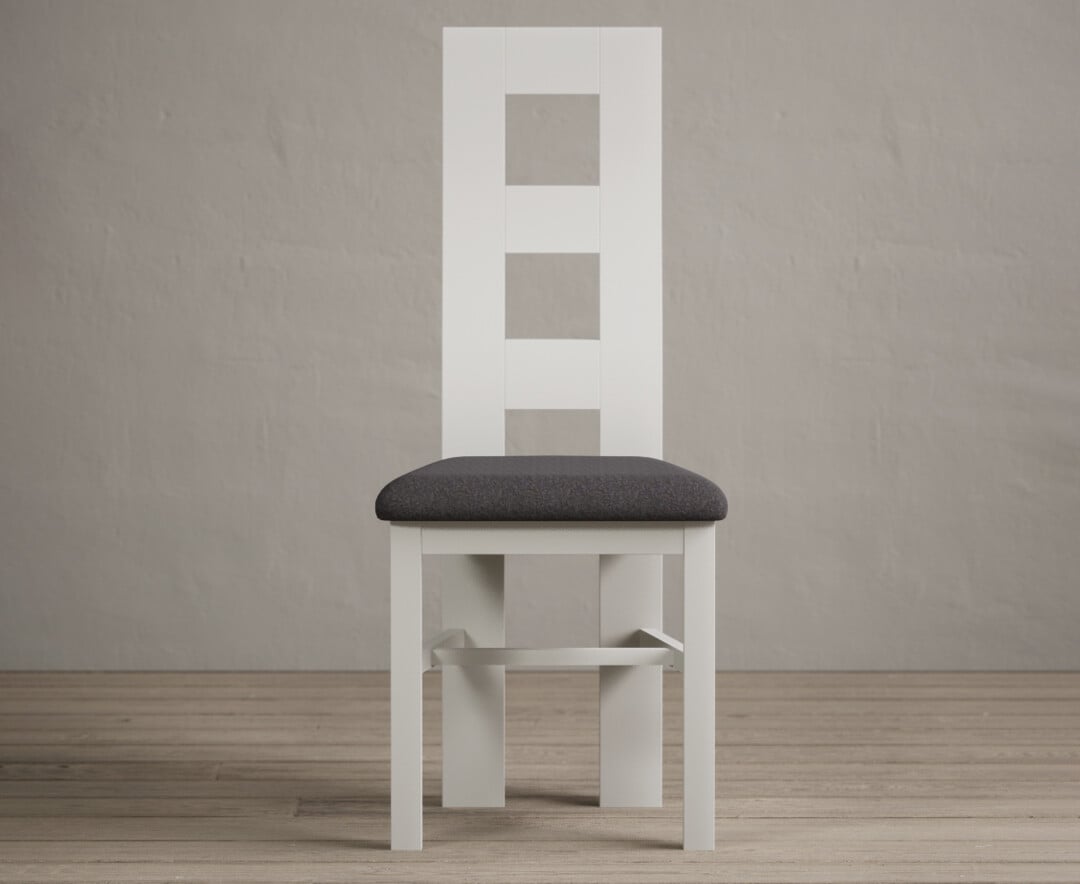 Painted Signal White Flow Back Dining Chairs With Charcoal Grey Fabric Seat Pad