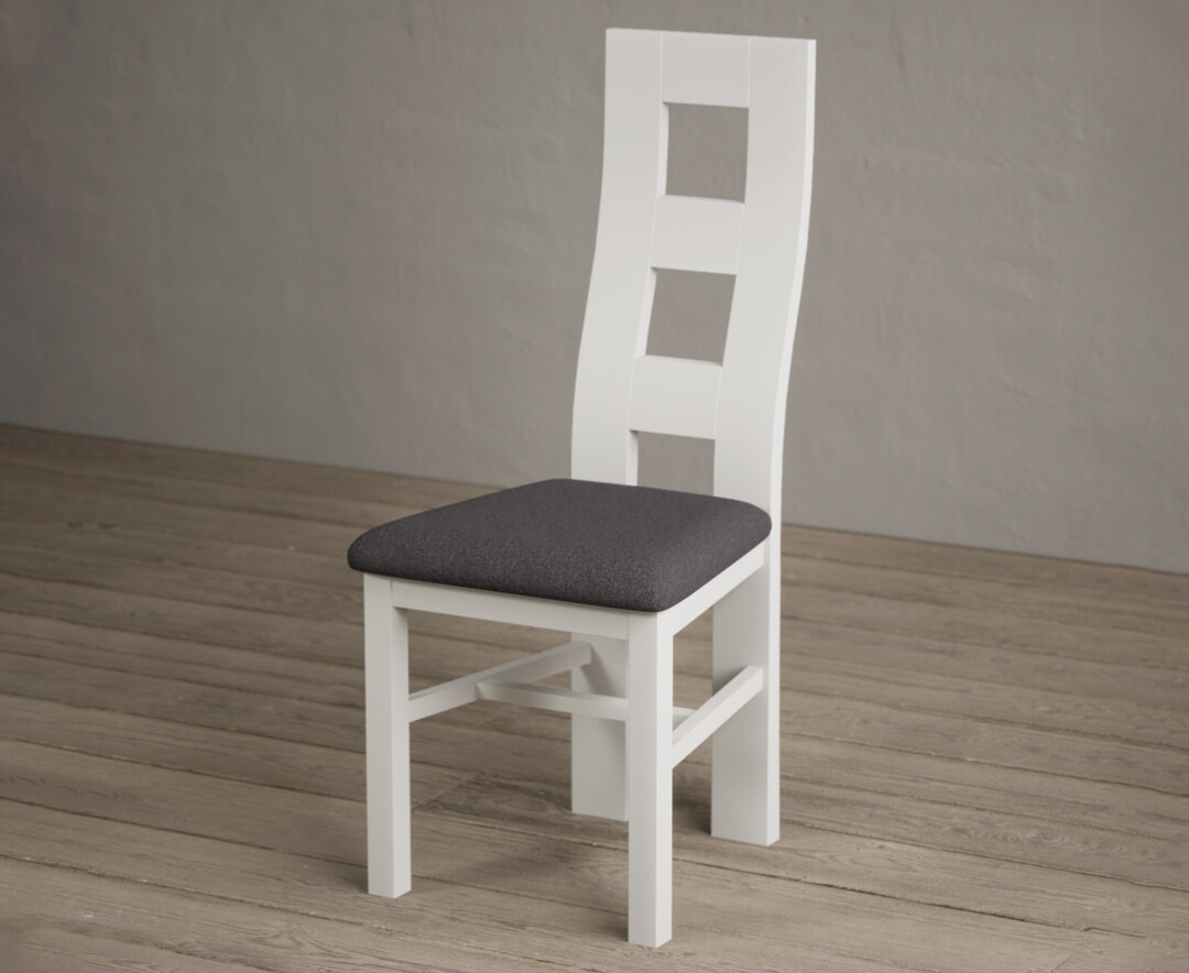 Photo 2 of Painted signal white flow back dining chairs with charcoal grey fabric seat pad