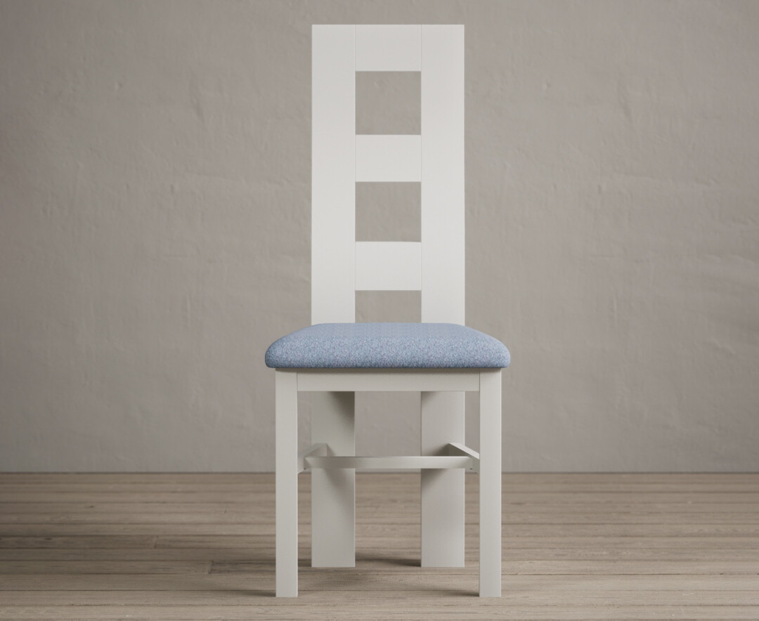 Product photograph of Painted Signal White Flow Back Dining Chairs With Blue Fabric Seat Pad from Oak Furniture Superstore