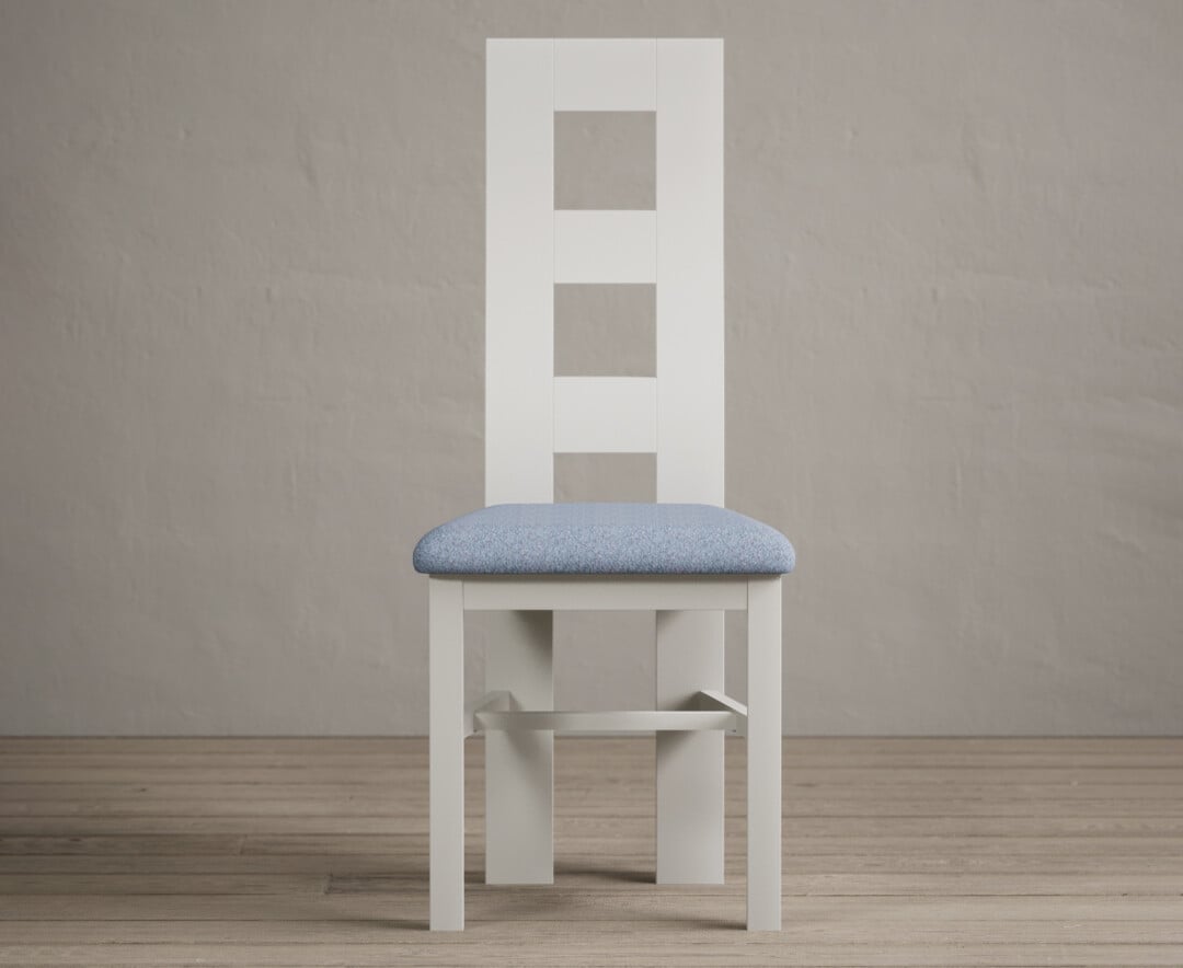 Painted Signal White Flow Back Dining Chairs With Sky Blue Fabric Seat Pad