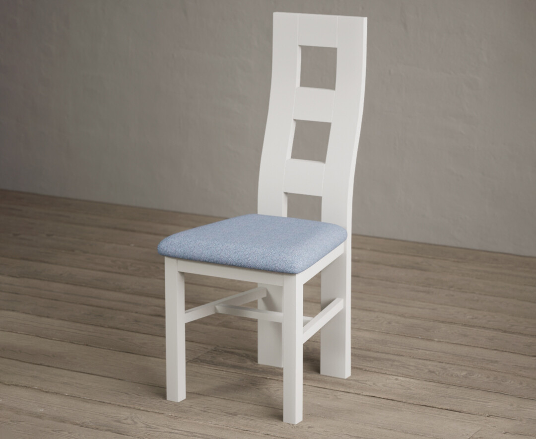 Photo 2 of Painted signal white flow back dining chairs with blue fabric seat pad