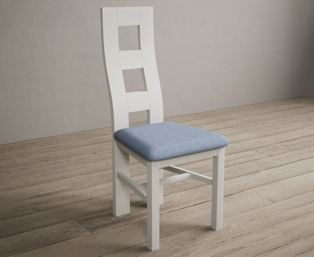 Photo 1 of Painted signal white flow back dining chairs with blue fabric seat pad