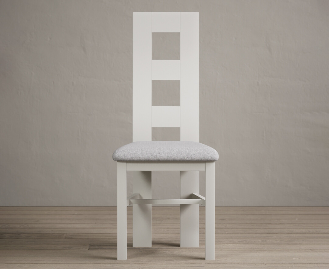 Painted Signal White Flow Back Dining Chairs With Light Grey Fabric Seat Pad