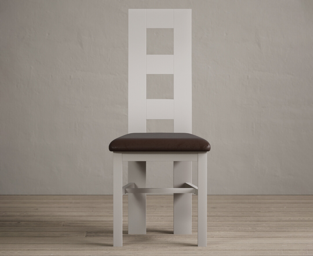 Product photograph of Painted Soft White Flow Back Dining Chairs With Brown Suede Seat Pad from Oak Furniture Superstore