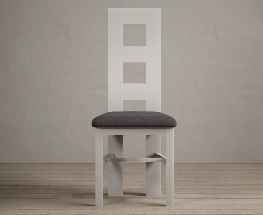 Painted Soft White Flow Back Dining Chairs With Charcoal Grey Fabric Seat Pad