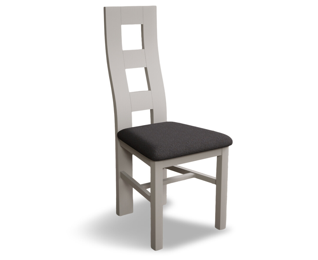 Photo 3 of Painted soft white flow back dining chairs with charcoal grey fabric seat pad