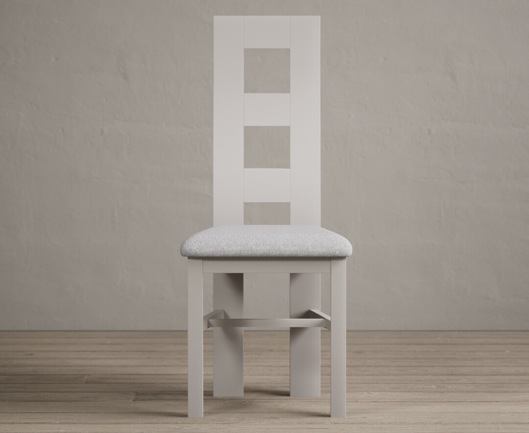 Product photograph of Painted Soft White Flow Back Dining Chairs With Light Grey Fabric Seat Pad from Oak Furniture Superstore