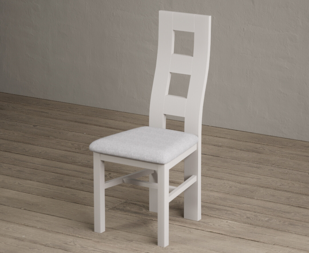 Photo 2 of Painted soft white flow back dining chairs with light grey fabric seat pad