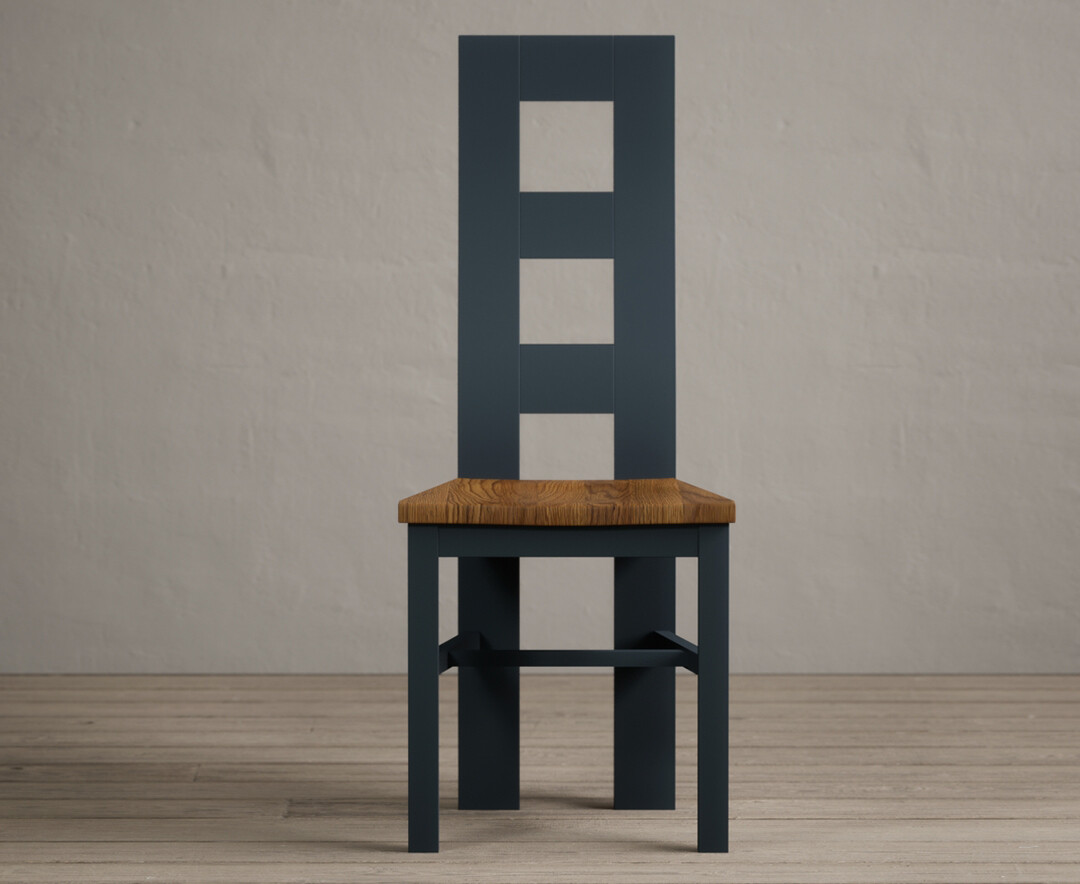 Product photograph of Painted Dark Blue Flow Back Dining Chairs With Rustic Oak Seat Pad from Oak Furniture Superstore