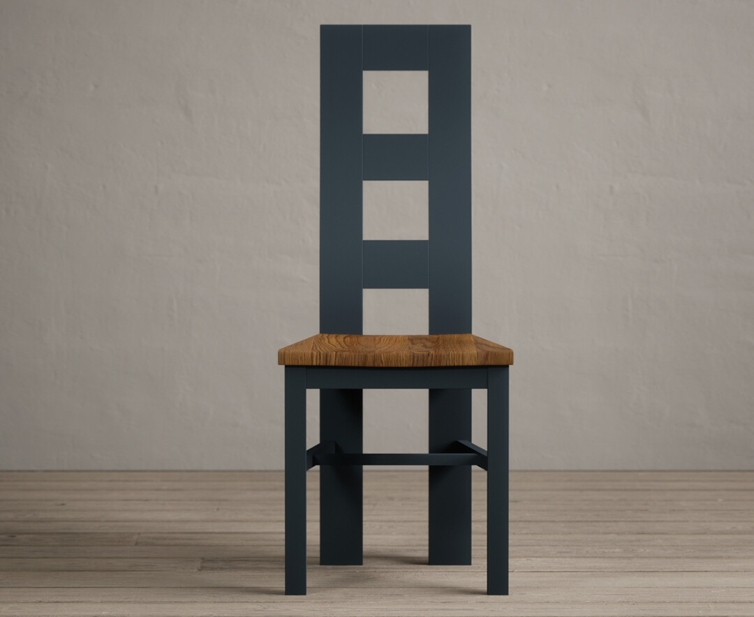 Painted Dark Blue Flow Back Dining Chairs With Rustic Oak Seat Pad