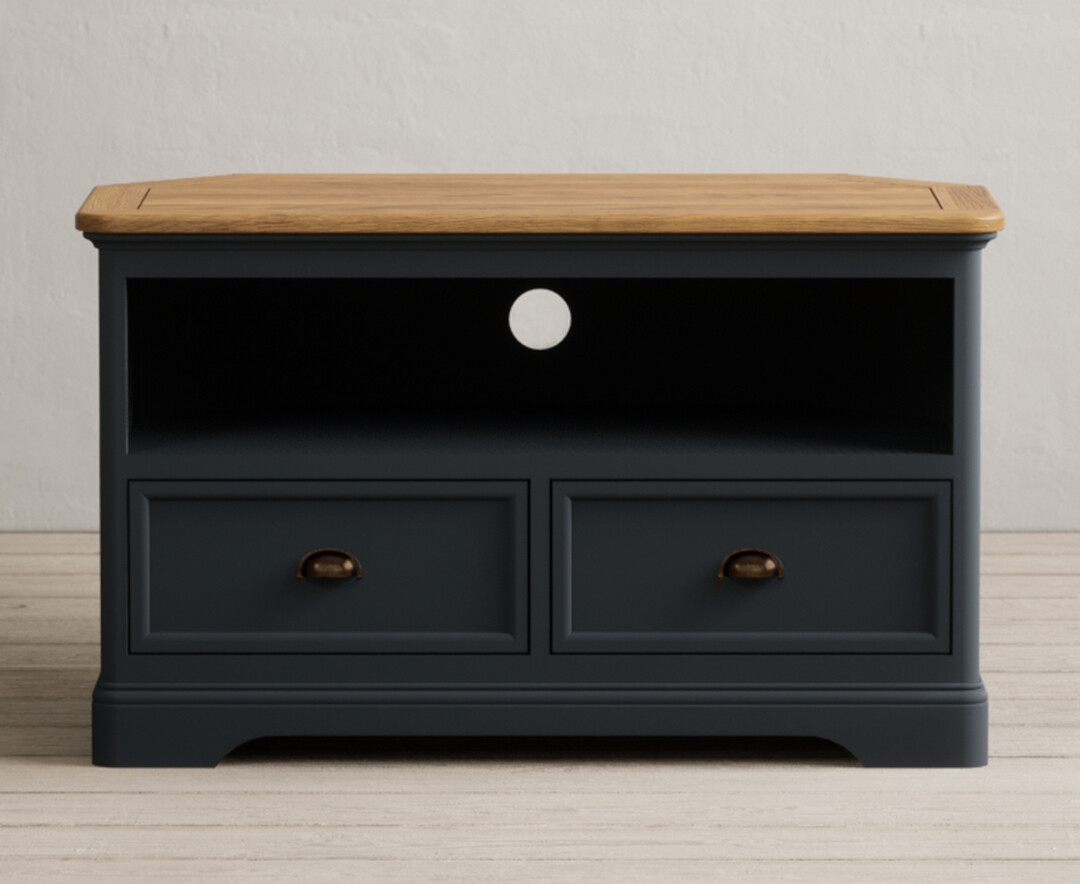 Product photograph of Bridstow Oak And Blue Painted Corner Tv Cabinet from Oak Furniture Superstore