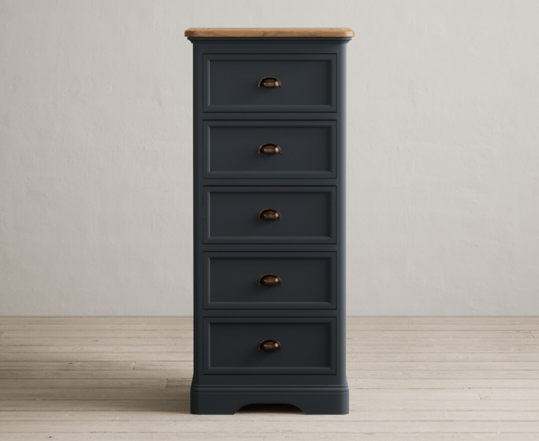 Product photograph of Bridstow Oak And Blue Painted 5 Drawer Tallboy from Oak Furniture Superstore