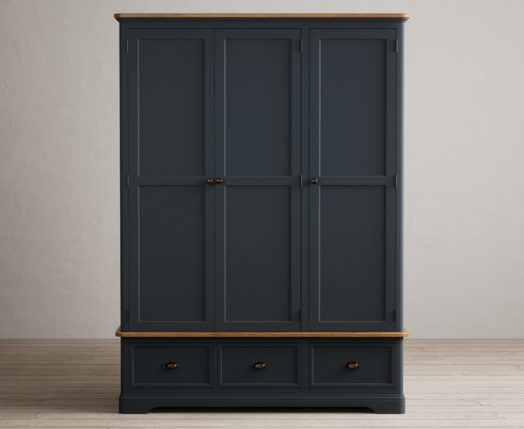 Product photograph of Bridstow Oak And Blue Painted Triple Wardrobe from Oak Furniture Superstore