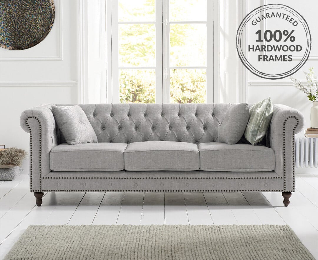 Westminster Chesterfield Grey Linen Fabric 3 Seater Sofa