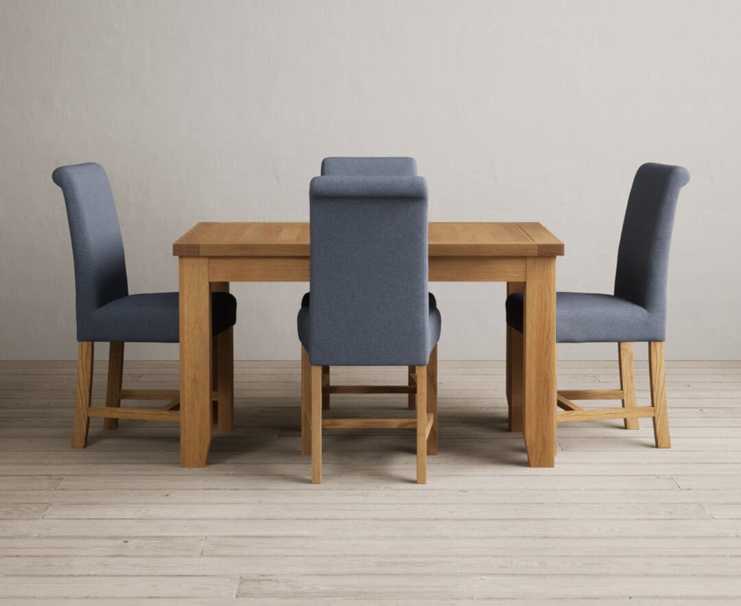 Extending Yateley 130cm Solid Oak Dining Table With 6 Grey Scroll Back Chairs