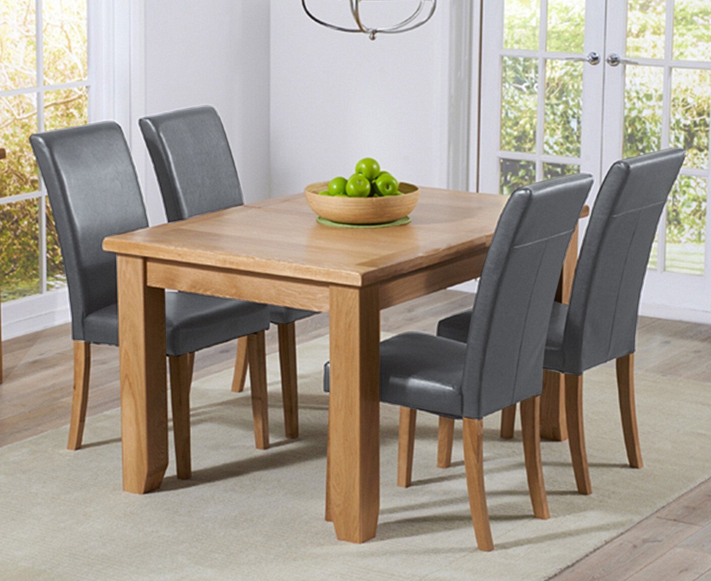 Extending Yateley 130cm Oak Dining Table With 4 Grey Olivia Chairs