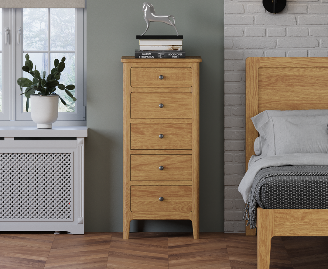 Product photograph of Loxton Solid Oak 5 Drawer Tallboy from Oak Furniture Superstore