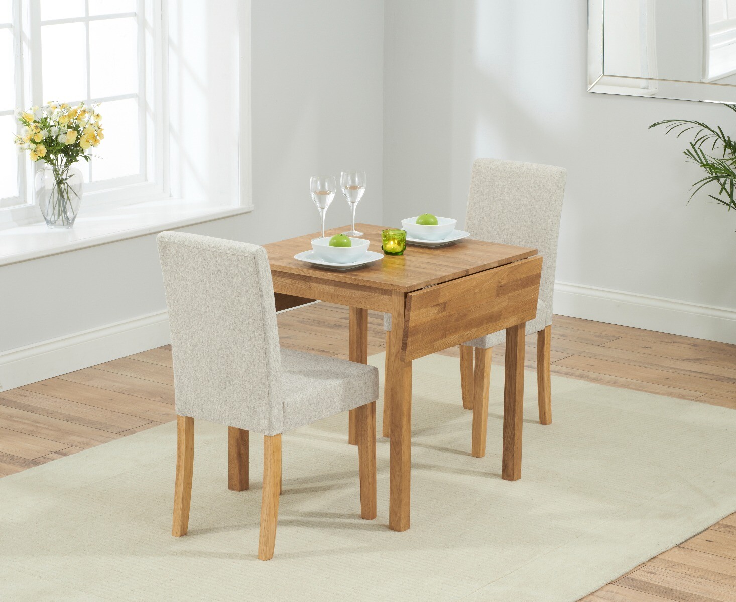 Extending York 70cm Solid Oak Dining Table With 2 Charcoal Grey Lila Fabric Chairs