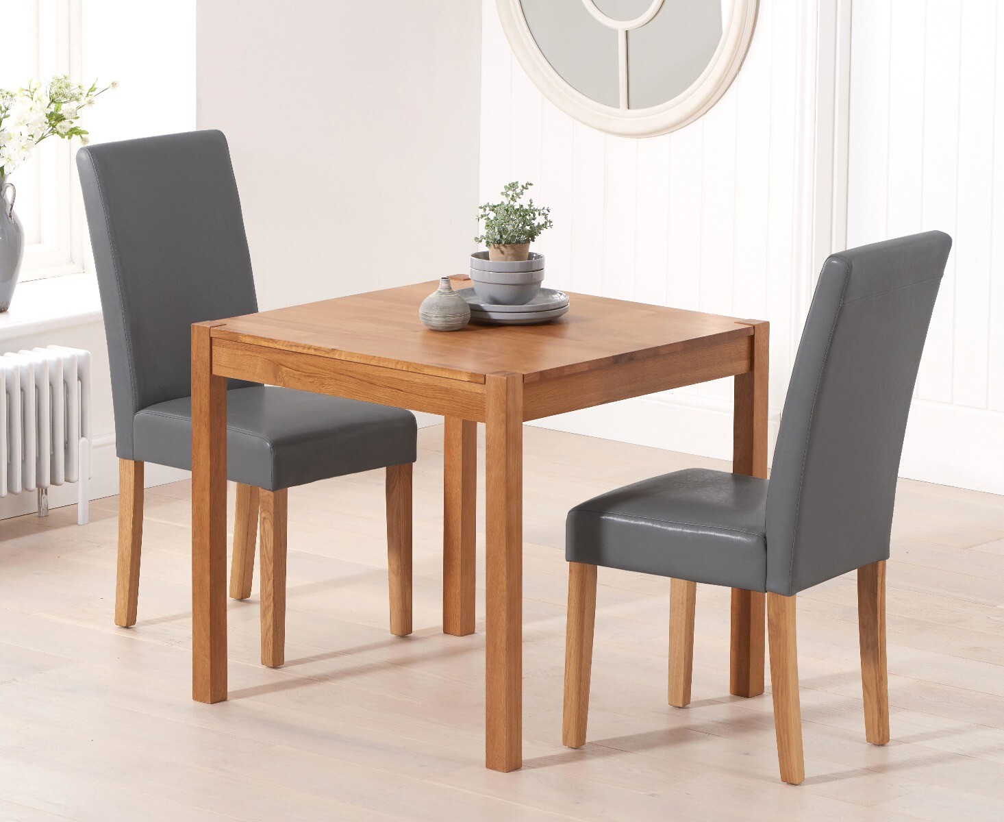 Product photograph of York 80cm Solid Oak Dining Table With 2 Grey Olivia Chairs from Oak Furniture Superstore