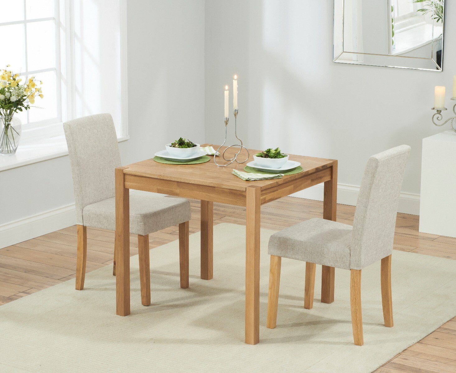 York 80cm Solid Oak Dining Table With 2 Charcoal Grey Lila Fabric Chairs