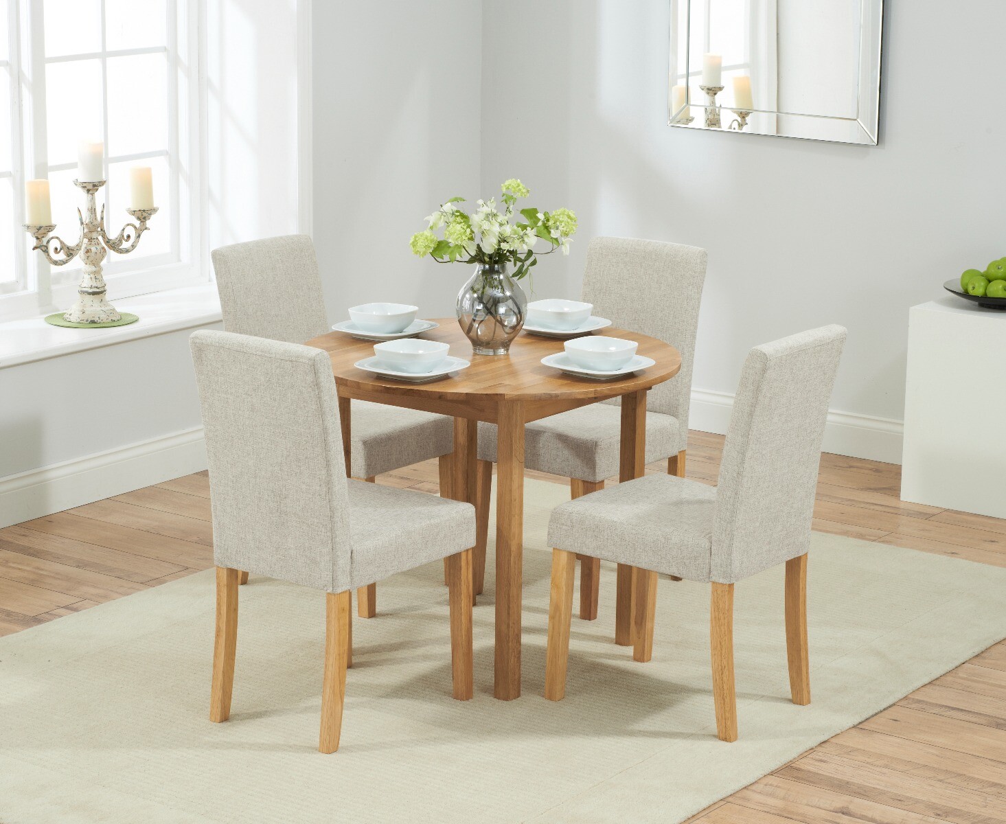 Product photograph of Extending York 90cm Solid Oak Dining Table With 4 Natural Lila Chairs from Oak Furniture Superstore