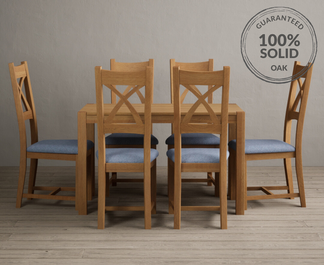 Product photograph of York 120cm Solid Oak Dining Table With 4 Blue X Back Chairs from Oak Furniture Superstore