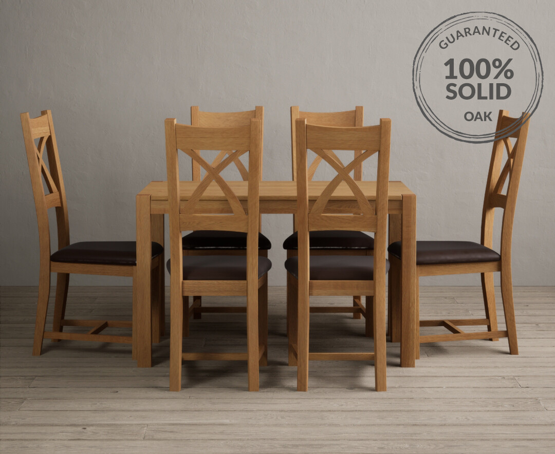 Product photograph of York 120cm Solid Oak Dining Table With 6 Brown X Back Chairs from Oak Furniture Superstore