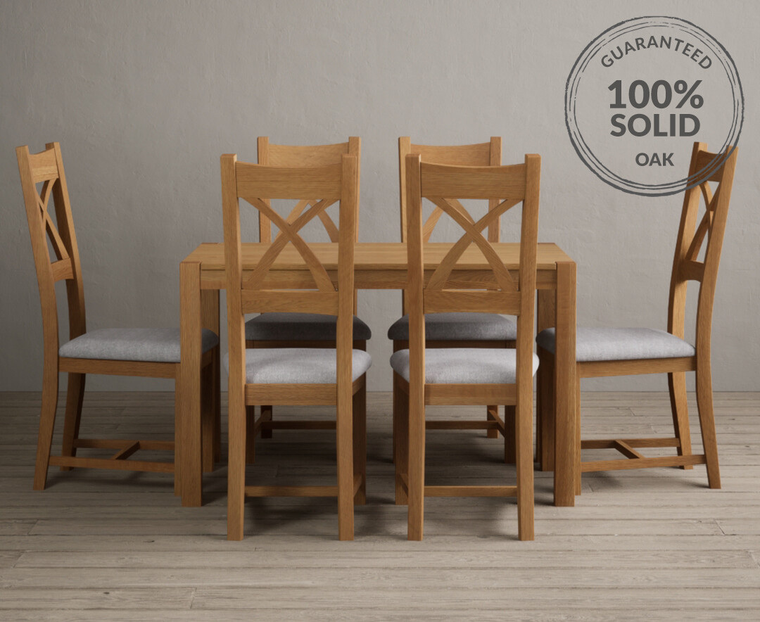 York 120cm Solid Oak Dining Table With 6 Light Grey X Back Chairs