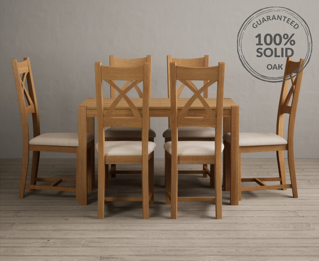 Product photograph of York 120cm Solid Oak Dining Table With 6 Linen X Back Chairs from Oak Furniture Superstore