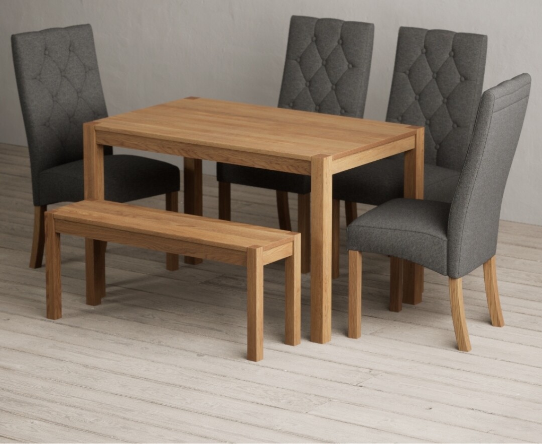 Product photograph of York 120cm Solid Oak Dining Table With 4 Grey Maya Chairs With 1 Oak Bench from Oak Furniture Superstore