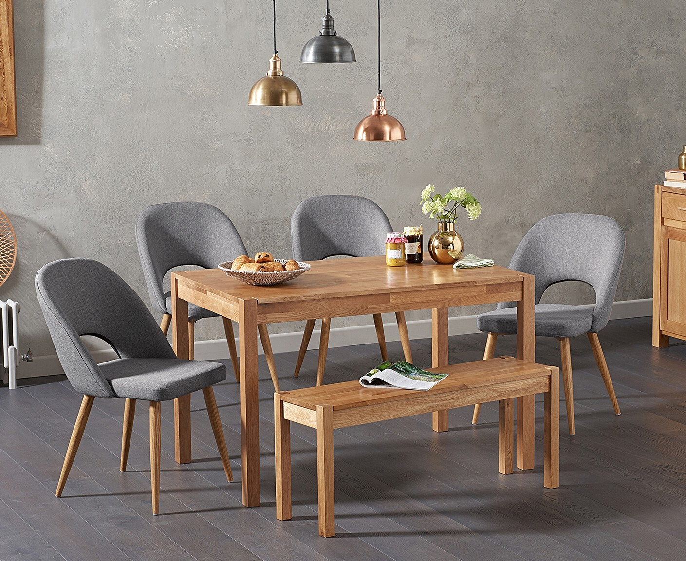 Product photograph of York 120cm Solid Oak Dining Table With 4 Grey Hudson Fabric Chairs And 2 York Benches from Oak Furniture Superstore