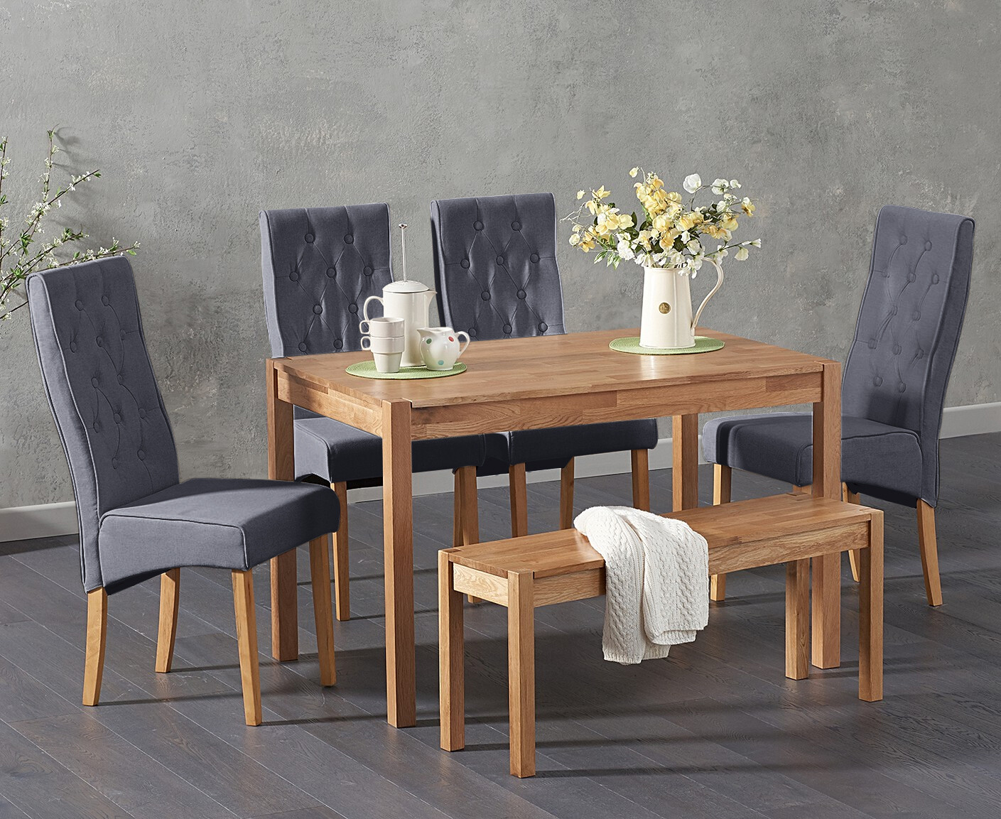 York 120cm Solid Oak Dining Table With 2 Grey Maya Chairs With 2 Oak Benches