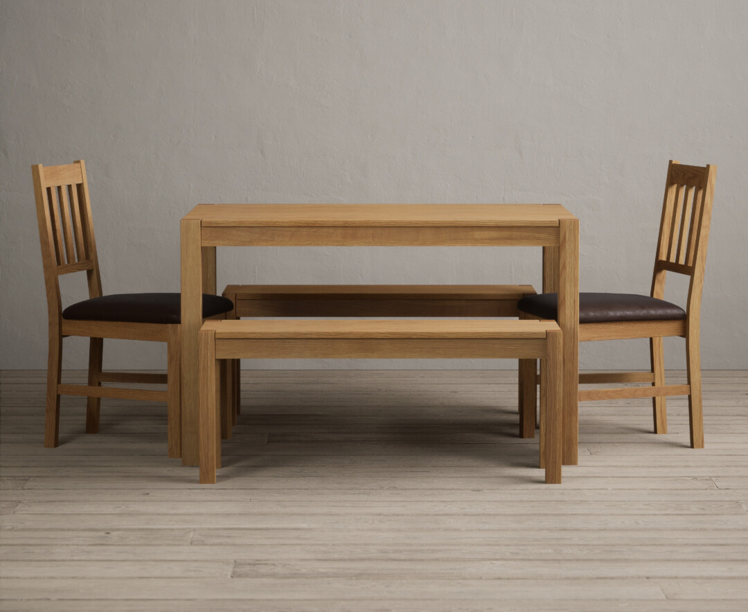 York 120cm Solid Oak Dining Table With 4 Blue York Chairs With 1 Oak Bench