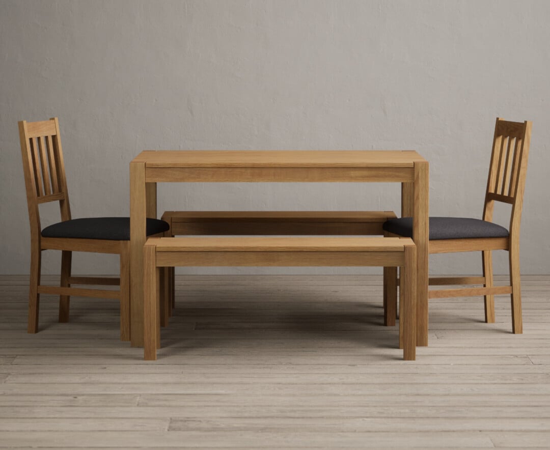 York 120cm Solid Oak Dining Table With 2 Light Grey York Chairs With 1 Oak Bench