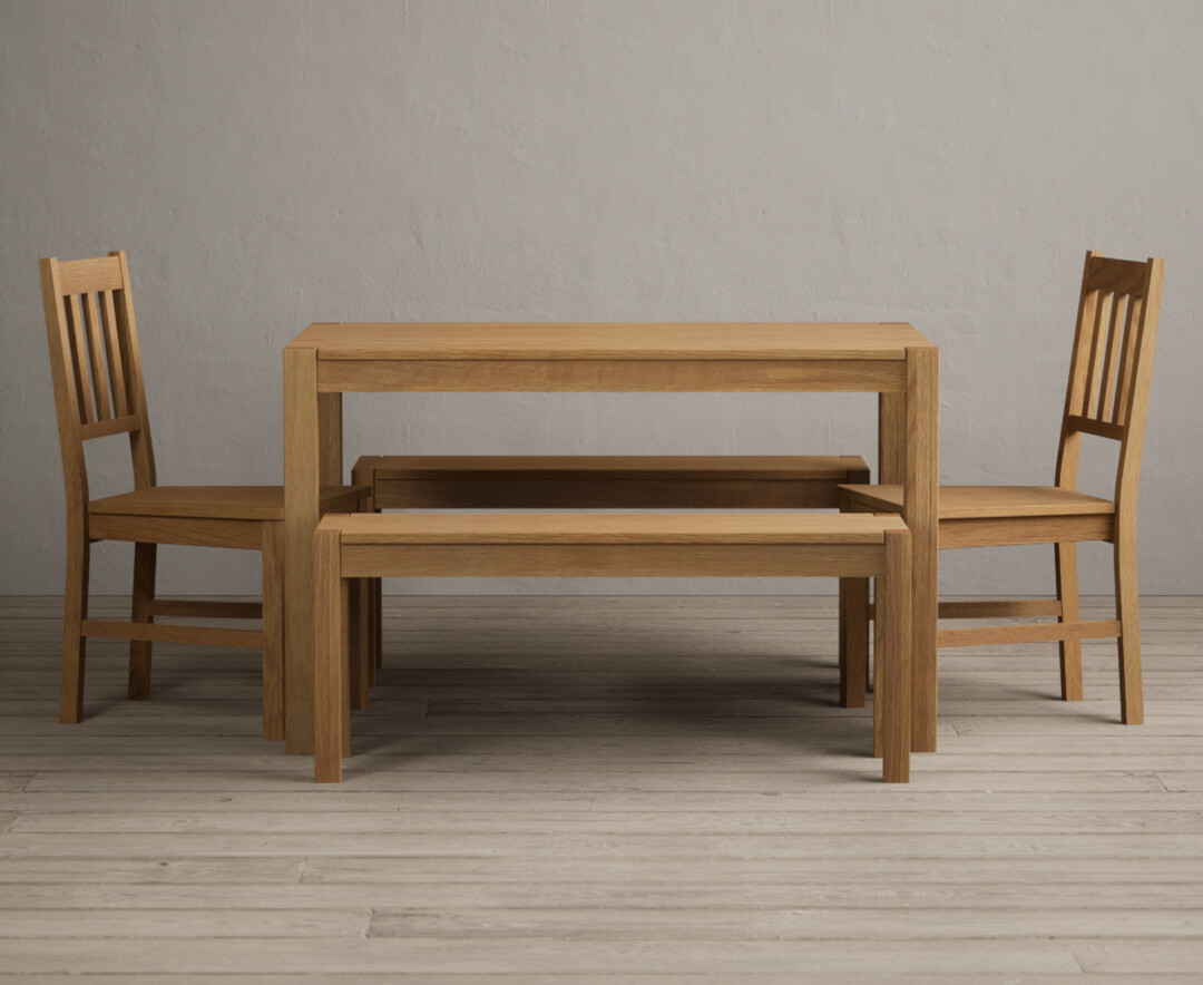 York 120cm Solid Oak Dining Table With 4 Brown York Chairs With 1 Oak Bench