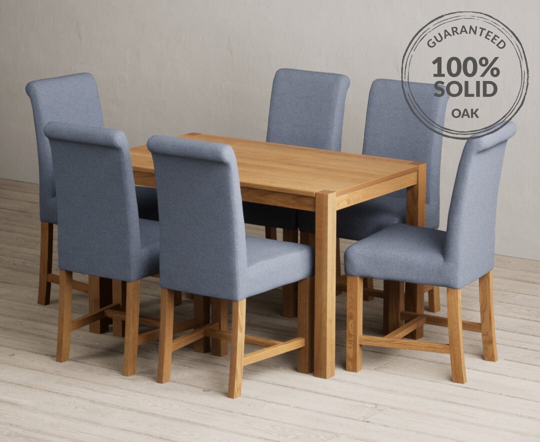 Product photograph of York 120cm Solid Oak Dining Table With 6 Blue Scroll Back Chairs from Oak Furniture Superstore