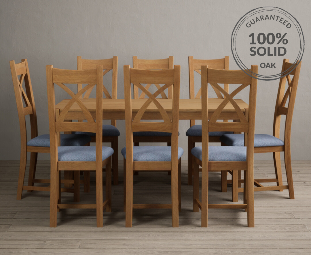 Product photograph of York 150cm Solid Oak Dining Table With 8 Blue X Back Chairs from Oak Furniture Superstore