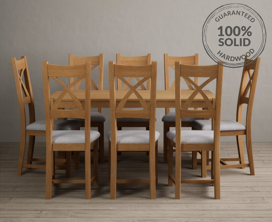 York 150cm Solid Oak Dining Table With 8 Light Grey X Back Chairs