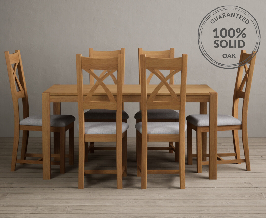 York 150cm Solid Oak Dining Table With 6 Light Grey X Back Chairs