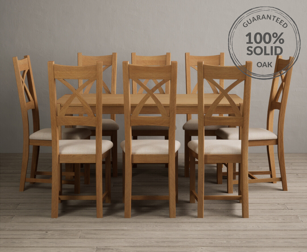 York 150cm Solid Oak Dining Table With 8 Linen X Back Chairs