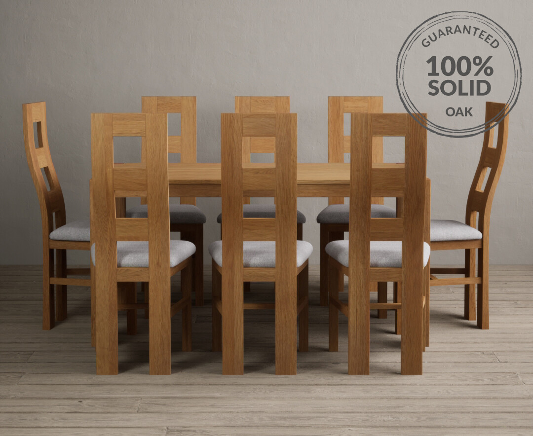 Product photograph of York 150cm Solid Oak Dining Table With 8 Light Grey Flow Back Chairs from Oak Furniture Superstore