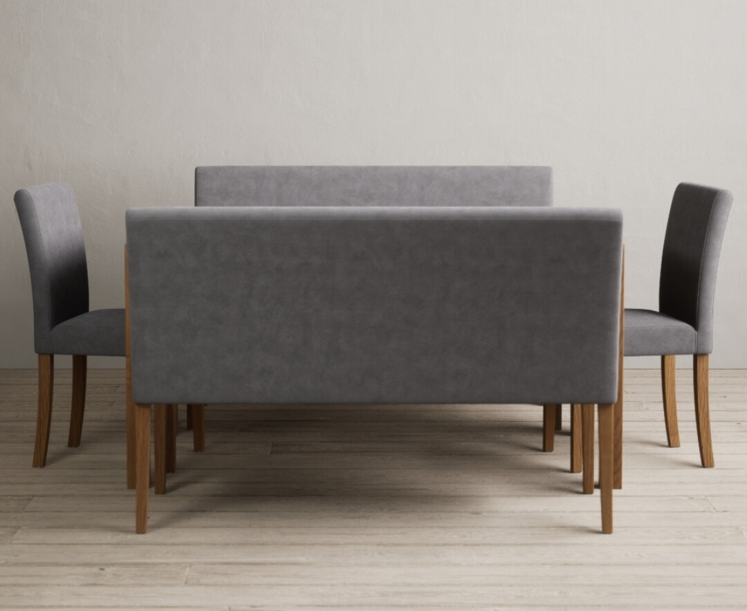 Product photograph of York 150cm Solid Oak Dining Table With 2 Grey Lila Chairs With 2 Grey Benches from Oak Furniture Superstore