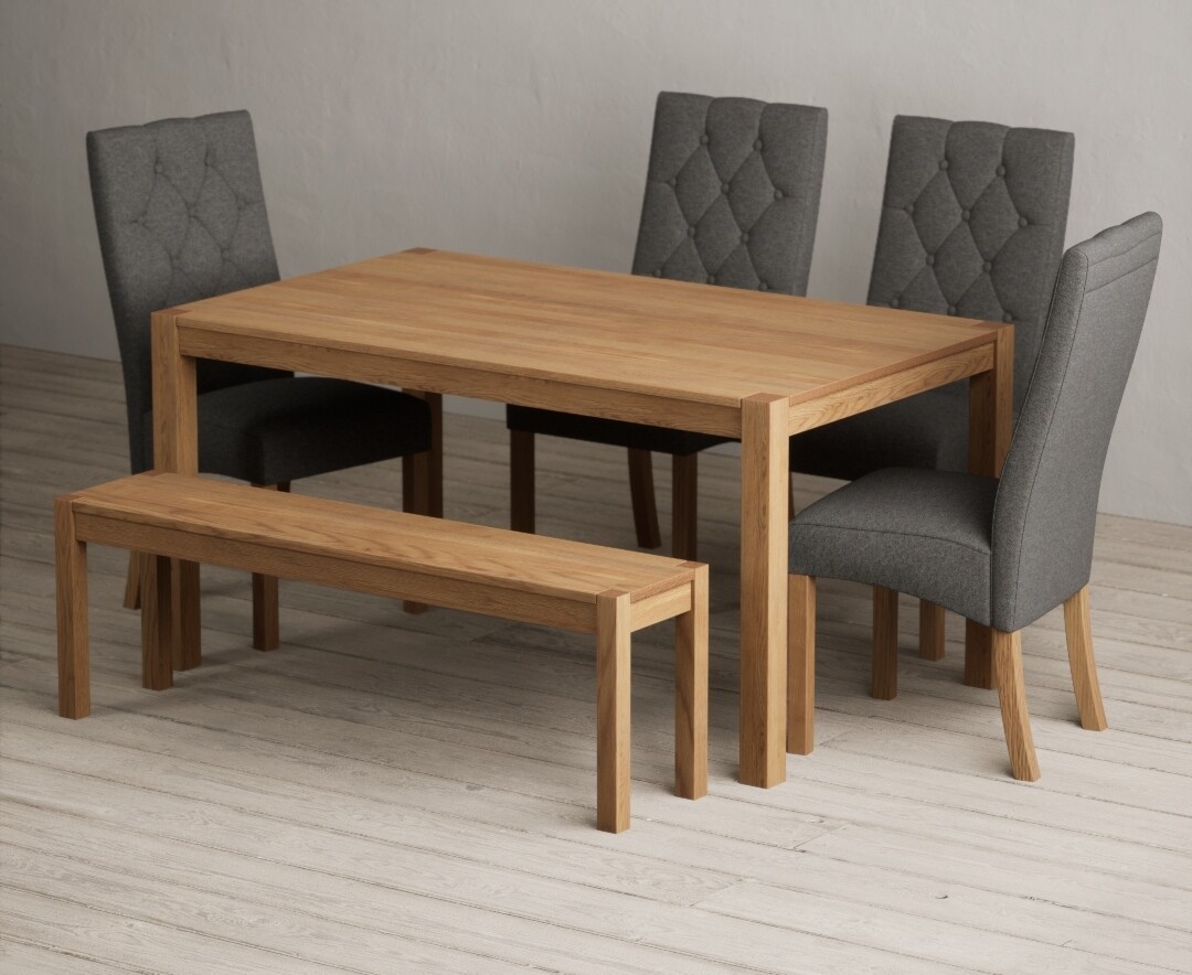 Product photograph of York 150cm Solid Oak Dining Table With 4 Grey Maya Chairs With 1 Oak Bench from Oak Furniture Superstore