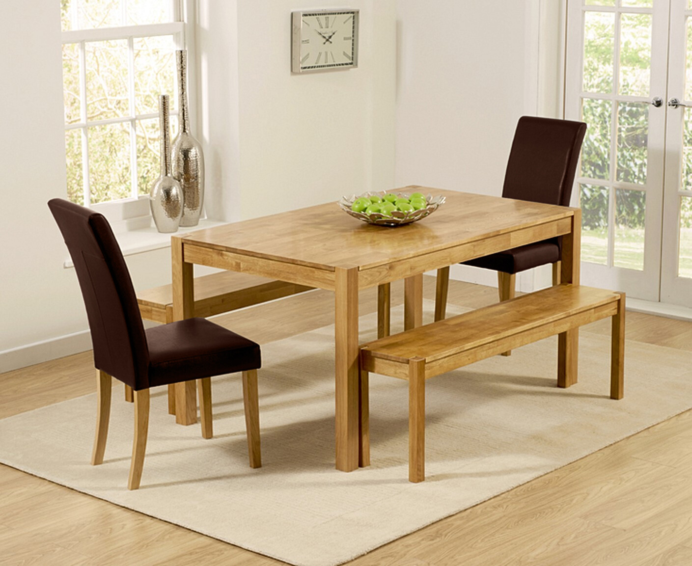 Product photograph of York 150cm Solid Oak Dining Table With 4 Brown Olivia Chairs And 1 York Benches from Oak Furniture Superstore