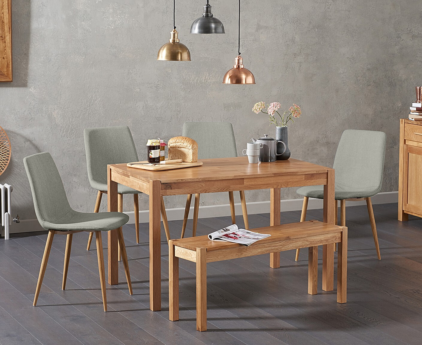 York 150cm Solid Oak Dining Table With 4 Grey Astrid Fabric Chairs And 1 Bench