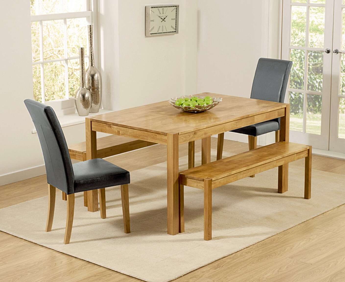 Photo 1 of York 150cm solid oak dining table with 2 grey olivia chairs and 1 york benches