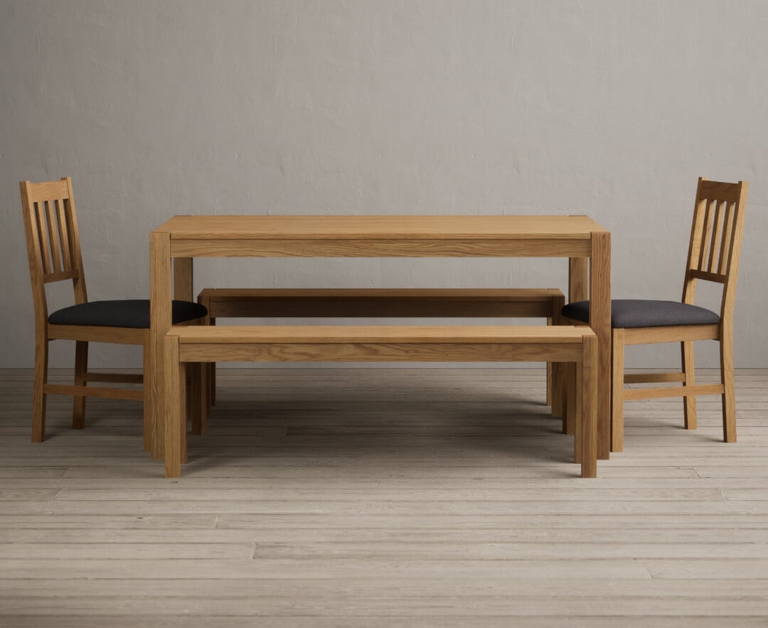 York 150cm Solid Oak Dining Table With 4 Brown York Chairs With 2 Oak Benches