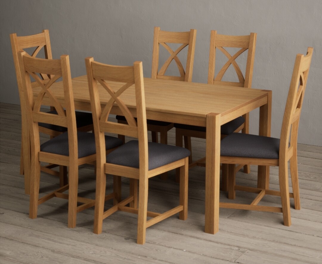Product photograph of York 150cm Solid Oak Dining Table With 6 Charcoal Grey X Back Chairs from Oak Furniture Superstore