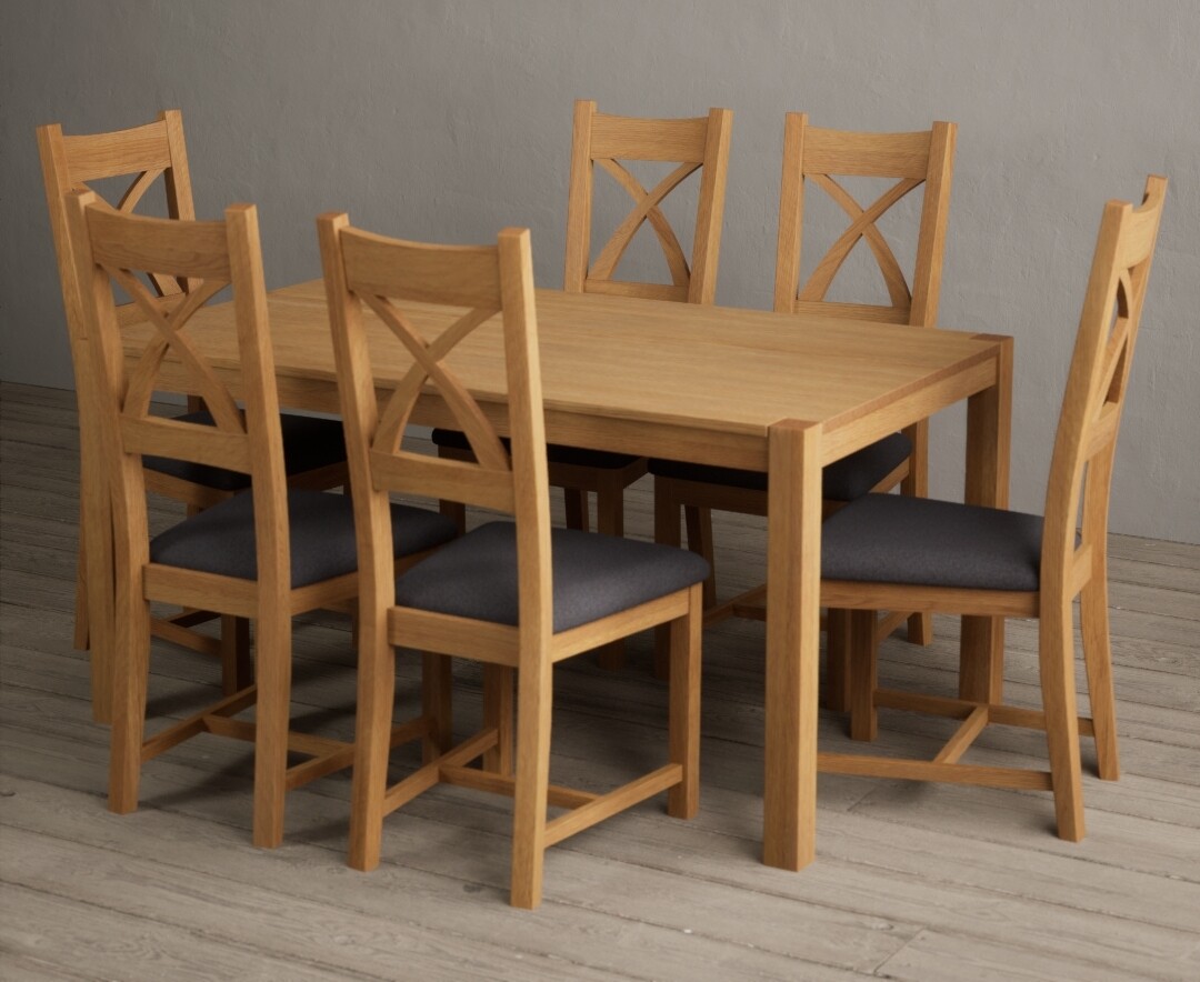 York 150cm Solid Oak Dining Table With 6 Charcoal Grey X Back Chairs